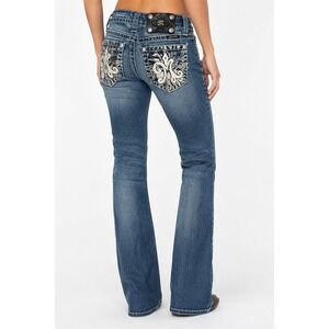 Miss Me  Bootcut Jeans Sz 26 Medium Wash Embroidered Rhinestone Low Rise JP5769B